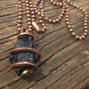 Wearable EMF protection necklace. Elite Shungite crystal pendant hand wrapped in pure copper. 