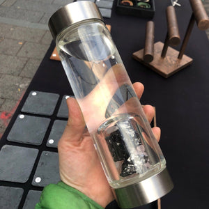 Gem elixir Borosilicate glass water bottle with healing crystals