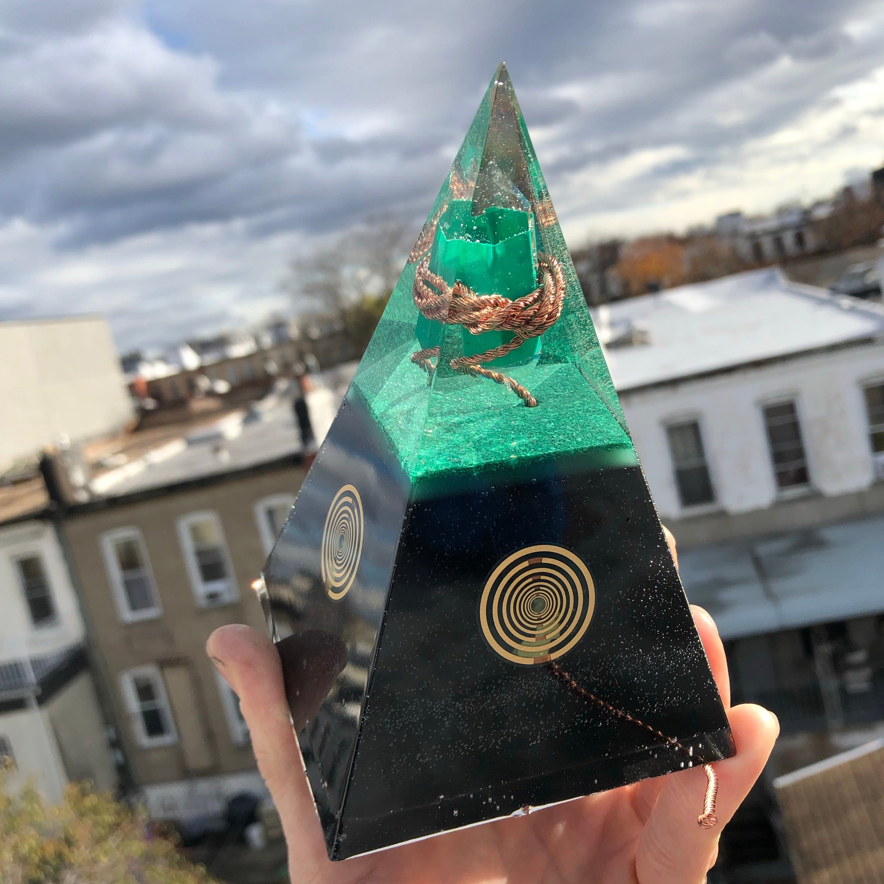 Powered Nubian style orgonite pyramid with malachite for EMF protection