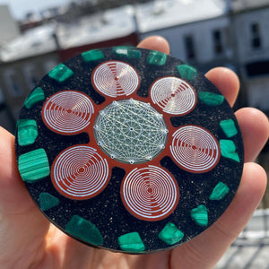 Orgonite charging plate for crystal grids featuring MWO radionics antennas for manifestation