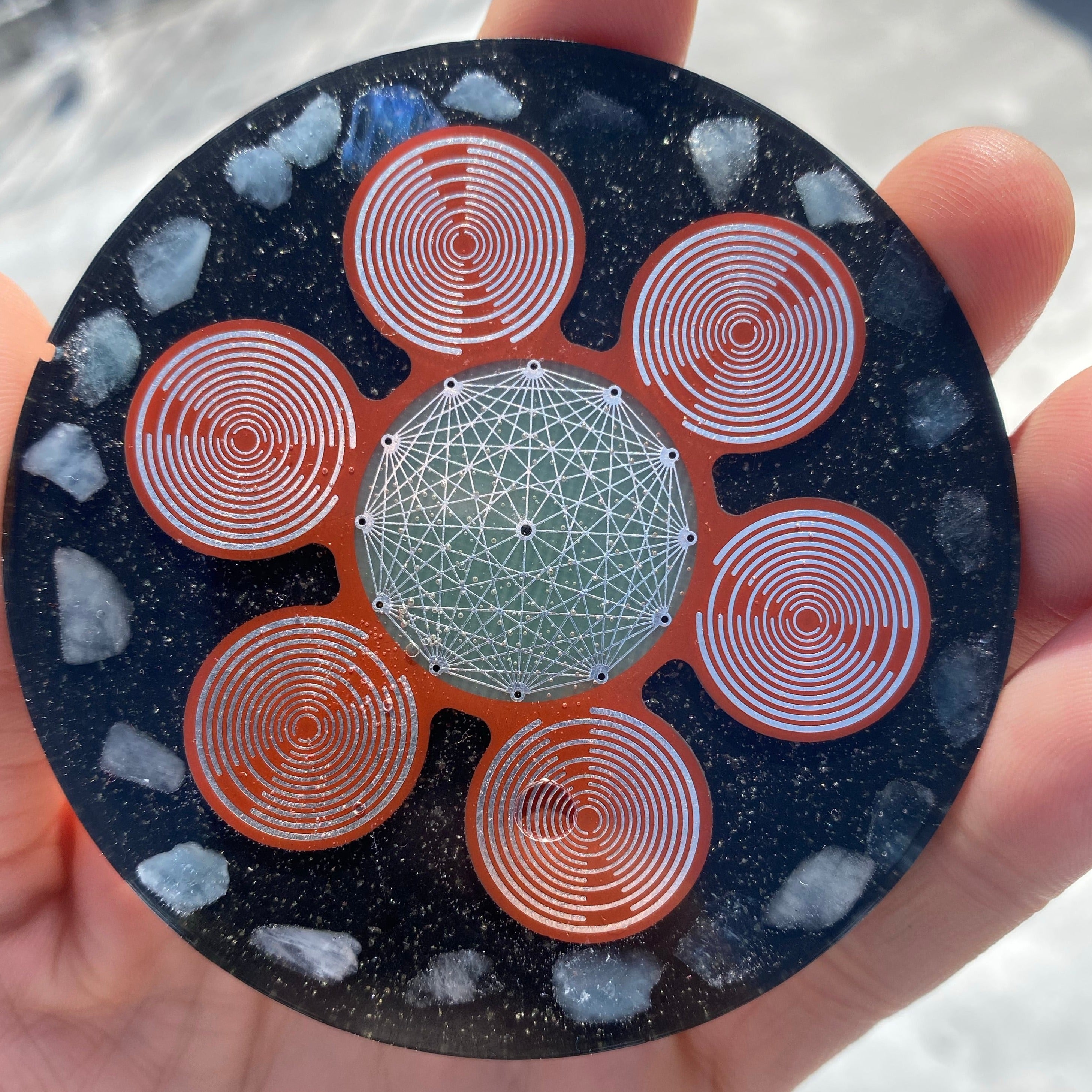 Orgonite charging plate for crystal grids featuring MWO radionics antennas for manifestation